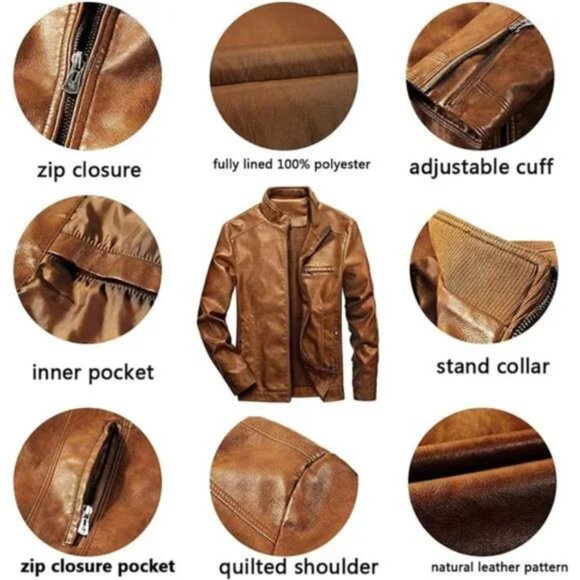Men's Stand Collar Leather Jacket Motorcycle Lightweight Faux Leather, Brown - Picture 2 of 7